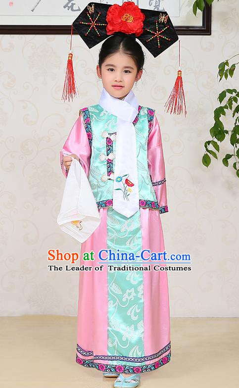 Traditional Chinese Qing Dynasty Children Princess Pink Costume, China Manchu Palace Lady Embroidered Clothing for Kids