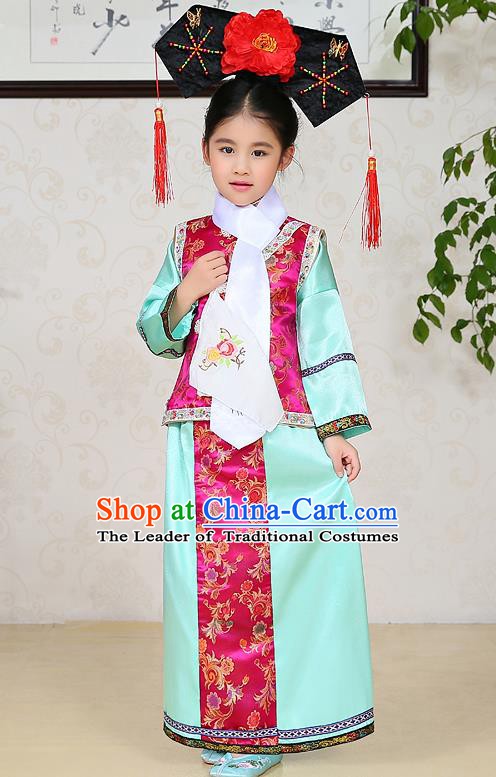 Traditional Chinese Qing Dynasty Children Princess Green Costume, China Manchu Palace Lady Embroidered Clothing for Kids
