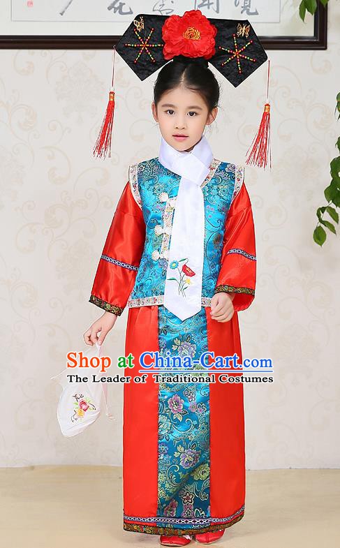 Traditional Chinese Qing Dynasty Children Princess Red Costume, China Manchu Palace Lady Embroidered Clothing for Kids
