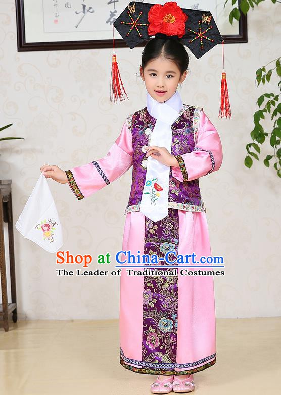 Traditional Chinese Qing Dynasty Children Princess Purple Costume, China Manchu Palace Lady Embroidered Clothing for Kids