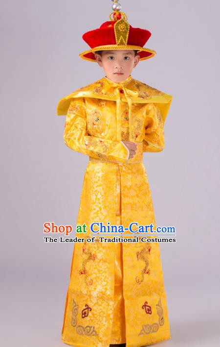 Traditional Chinese Qing Dynasty Children Emperor Costume, China Manchu Majesty Embroidered Dragon Robe for Kids