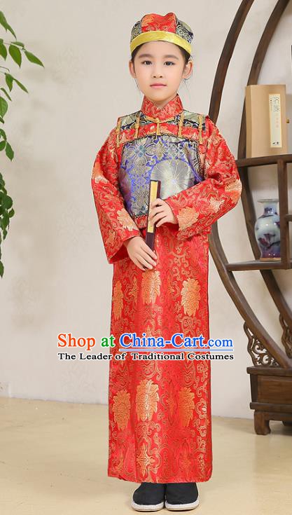 Traditional Chinese Qing Dynasty Nobility Childe Costume Blue Mandarin Jacket, China Manchu Prince Embroidered Clothing for Kids