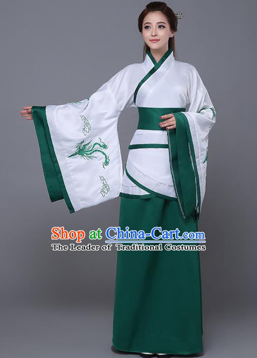 Traditional Chinese Han Dynasty Palace Lady Costume, China Ancient Princess Embroidered Hanfu Green Curving-front Robe for Women