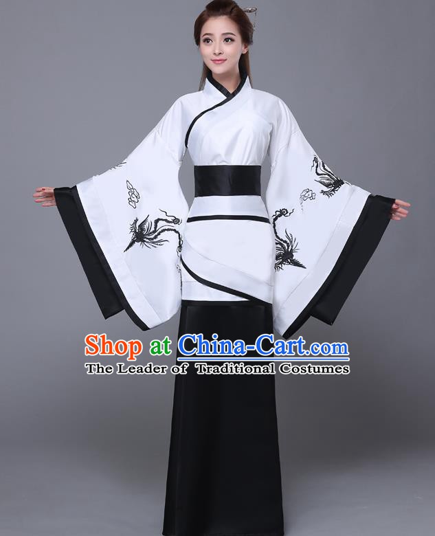 Traditional Chinese Han Dynasty Palace Lady Costume, China Ancient Princess Embroidered Hanfu Black Curving-front Robe for Women