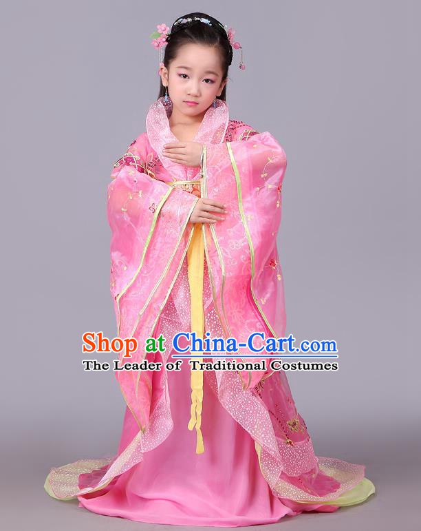 Traditional Chinese Tang Dynasty Palace Lady Pink Costume, China Ancient Imperial Consort Embroidered Hanfu Clothing for Kids