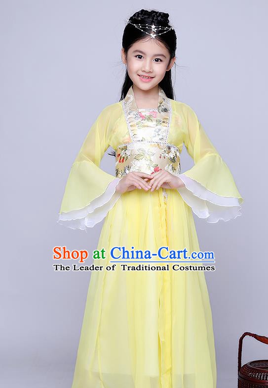 Traditional Chinese Tang Dynasty Seven Fairy Costume Ancient Princess Yellow Dress Clothing for Kids