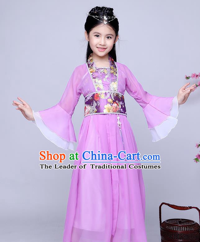 Traditional Chinese Tang Dynasty Seven Fairy Costume Ancient Princess Purple Dress Clothing for Kids