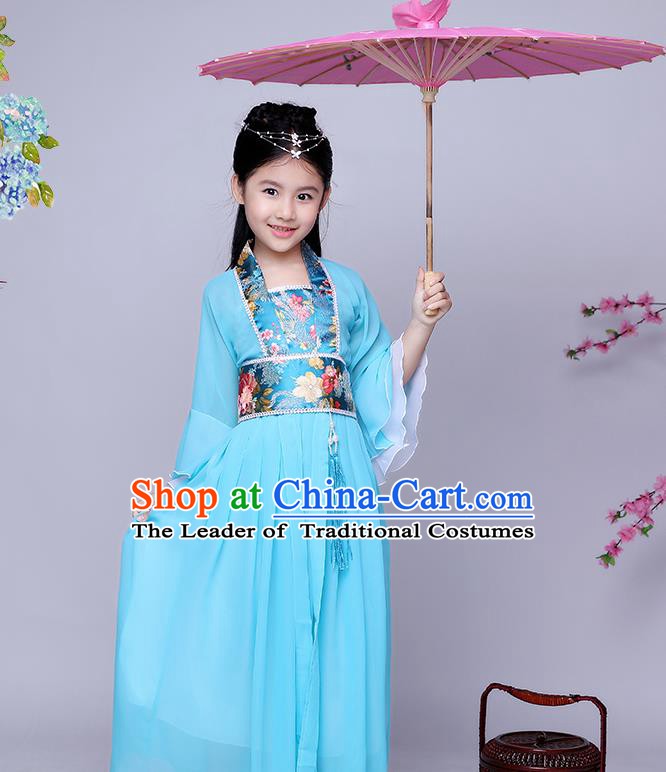 Traditional Chinese Tang Dynasty Seven Fairy Costume Ancient Princess Blue Dress Clothing for Kids