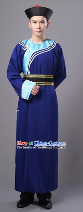 Traditional Chinese Qing Dynasty Court Eunuch Costume, China Manchu Imperial Bodyguard Blue Robe for Men