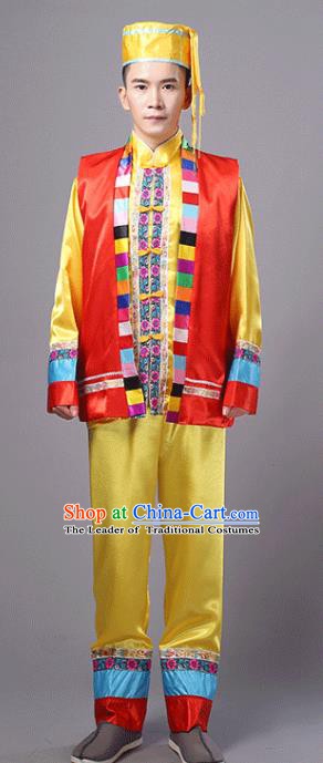 Traditional Chinese Miao Nationality Dance Yellow Costume, Hmong Folk Dance Minority Embroidery Clothing for Men