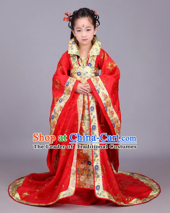 Traditional Chinese Tang Dynasty Palace Lady Red Costume, China Ancient Imperial Consort Hanfu Trailing Dress Clothing for Kids