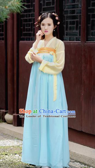 Traditional Chinese Tang Dynasty Young Lady Costume, China Ancient Princess Hanfu Blue Dress Clothing for Women