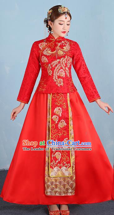 Ancient Chinese Wedding Costume Xiuhe Suits Traditional Women Embroidered Phoenix Peony Flown Bride Toast Cheongsam