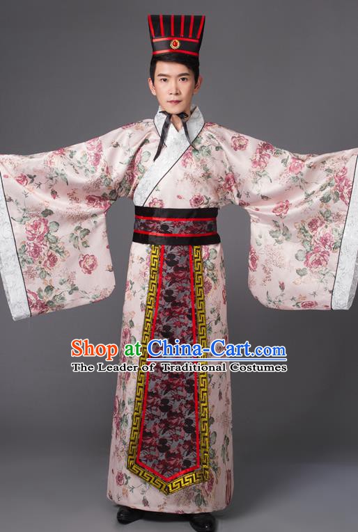 Traditional Chinese Han Dynasty Prime Minister Costume, China Ancient Chancellor Hanfu Pink Embroidered Robe Clothing for Men