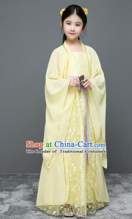 Traditional Chinese Ancient Palace Fairy Costume, China Tang Dynasty Imperial Princess Yellow Dress Clothing for Kids