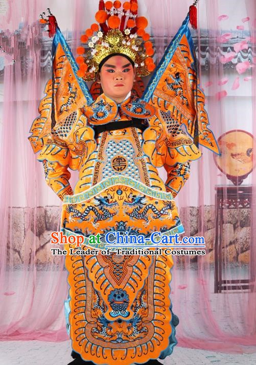 Chinese Beijing Opera General Costume Yellow Embroidered Robe, China Peking Opera Military Officer Embroidery Gwanbok Clothing