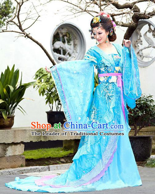 Traditional Ancient Chinese Imperial Consort Blue Costume, China Tang Dynasty Palace Lady Trailing Embroidered Clothing for Women