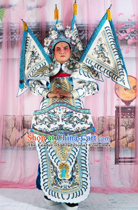 Chinese Beijing Opera General Costume White Embroidered Armour, China Peking Opera Military Officer Embroidery Gwanbok Clothing