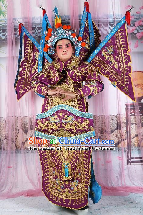 Chinese Beijing Opera General Costume Purple Embroidered Armour, China Peking Opera Military Officer Embroidery Gwanbok Clothing