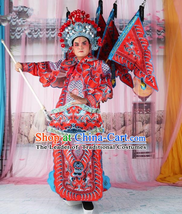 Chinese Beijing Opera General Costume Red Embroidered Armour, China Peking Opera Military Officer Embroidery Gwanbok Clothing