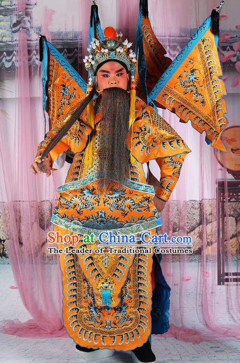 Chinese Beijing Opera General Costume Yellow Embroidered Armour, China Peking Opera Military Officer Embroidery Gwanbok Clothing