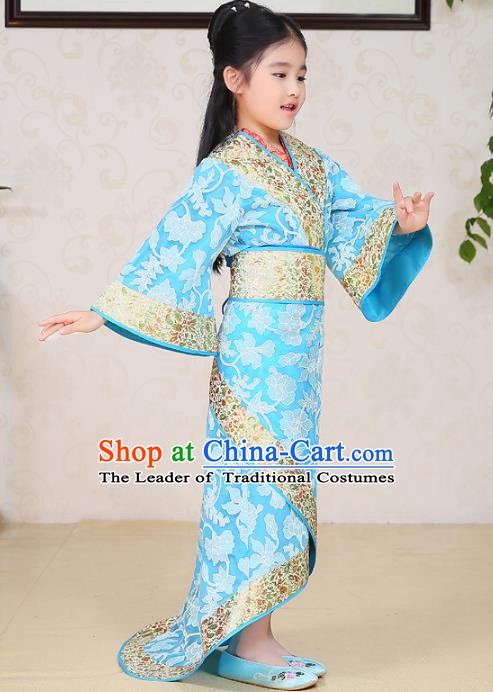 Traditional Chinese Han Dynasty Palace Lady Costume Blue Curving-front Robe, China Ancient Princess Hanfu Clothing for Kids