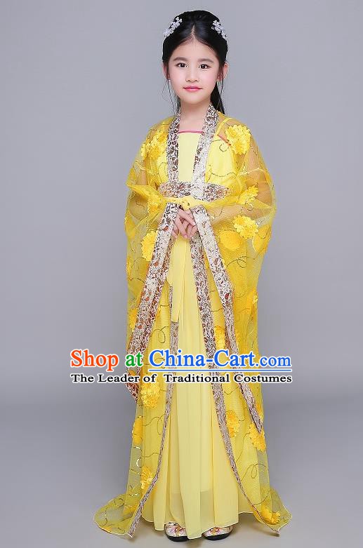 Traditional Chinese Tang Dynasty Fairy Palace Lady Costume, China Ancient Princess Hanfu Yellow Dress Clothing for Kids