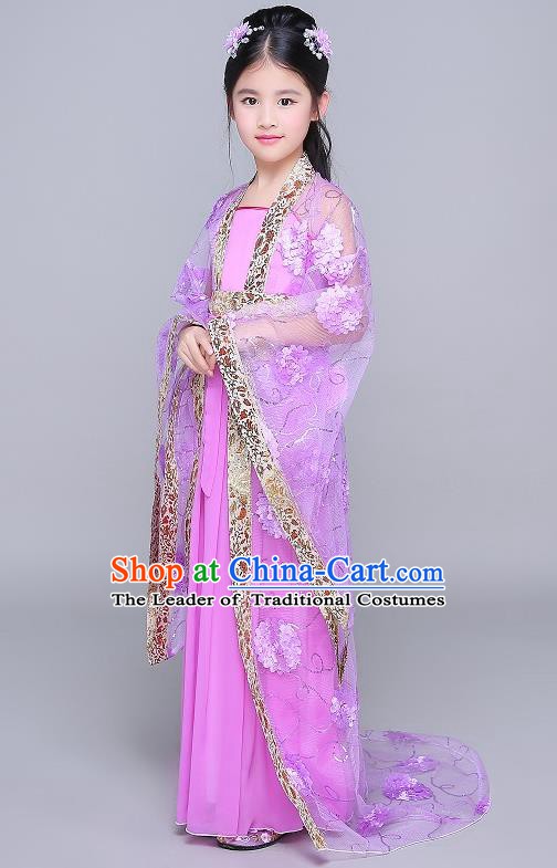 Traditional Chinese Tang Dynasty Fairy Palace Lady Costume, China Ancient Princess Hanfu Purple Dress Clothing for Kids