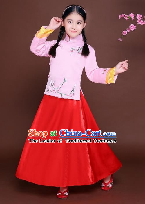 Traditional Chinese Republic of China Nobility Lady Clothing, China National Embroidered Peach Blossom Blouse and Skirt for Kids