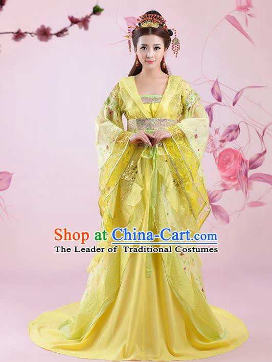 Traditional Chinese Ancient Imperial Consort Yellow Costume, China Tang Dynasty Palace Lady Embroidered Clothing for Women