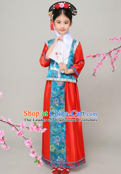 Traditional Chinese Qing Dynasty Court Princess Red Costume, China Manchu Palace Lady Embroidered Clothing for Kids