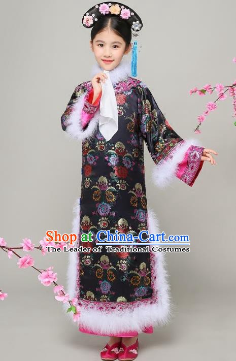 Traditional Chinese Qing Dynasty Court Princess Black Costume, China Manchu Palace Lady Qi-pao Clothing for Kids
