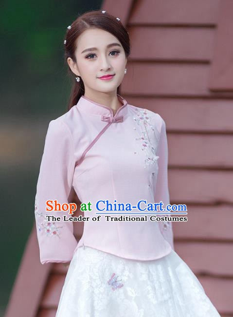 Traditional Chinese National Costume Hanfu Embroidery Pink Blouse and Skirt, China Tang Suit Cheongsam Clothing for Women