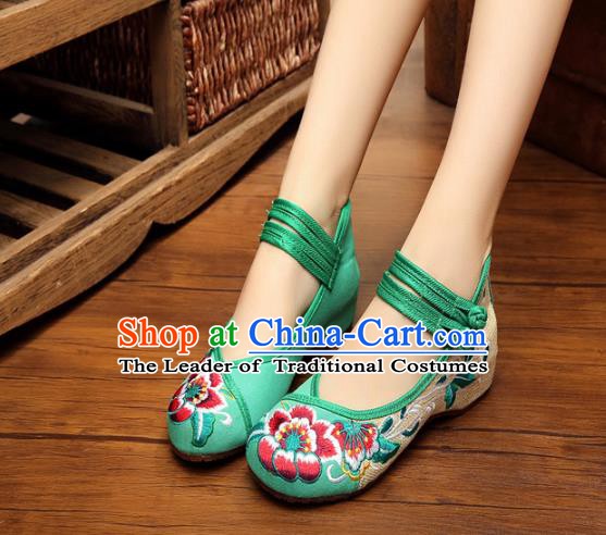 Asian Chinese National Green Embroidered Peony Shoes, Traditional China Princess Shoes Hanfu Embroidery Shoes for Women