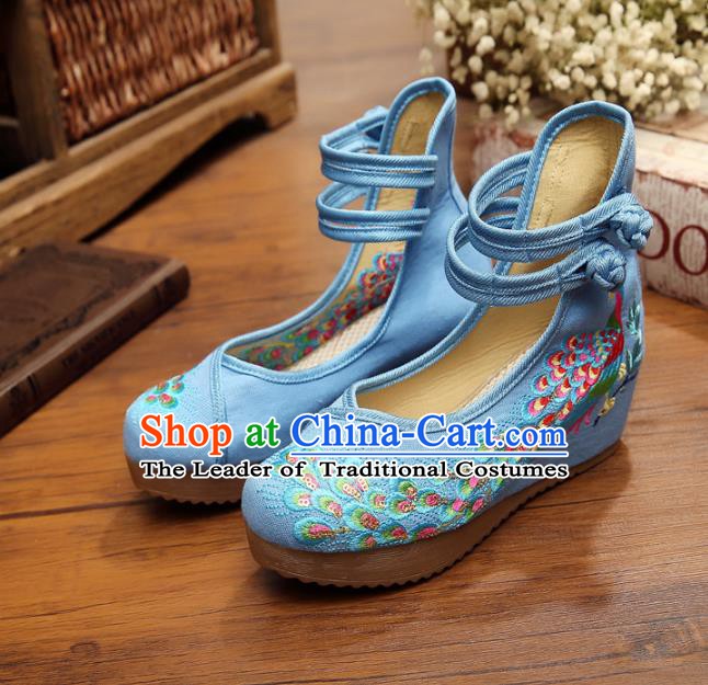 Asian Chinese National Blue Embroidered Peacock Shoes, Traditional China Princess Shoes Hanfu Embroidery Shoes for Women