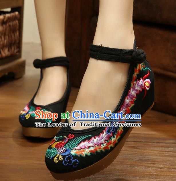 Asian Chinese National Black Embroidered Shoes, Traditional China Princess Shoes Hanfu Embroidery Phoenix Shoes for Women