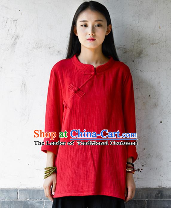 Traditional Chinese National Costume Hanfu Red Linen Blouse, China Tang Suit Cheongsam Upper Outer Garment Shirt for Women