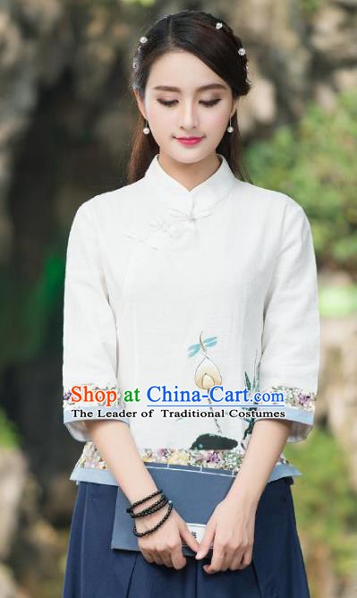 Traditional Chinese National Costume Hanfu Painting Lotus White Blouse, China Tang Suit Cheongsam Upper Outer Garment Shirt for Women