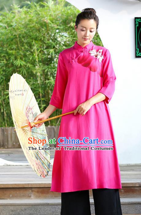 Traditional Chinese National Costume Hanfu Painting Lotus Rosy Qipao Dress, China Tang Suit Cheongsam for Women