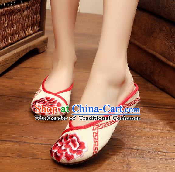 Traditional Chinese National Hanfu Embroidered Shoes, China Princess Embroidery Peony Red Slippers for Women