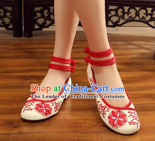 Traditional Chinese National Hanfu Red Embroidered Shoes, China Princess Embroidery Flowers Shoes for Women