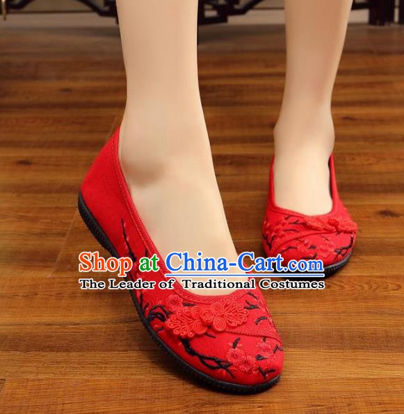 Traditional Chinese National Hanfu Wedding Red Embroidered Shoes, China Princess Embroidery Wintersweet Shoes for Women