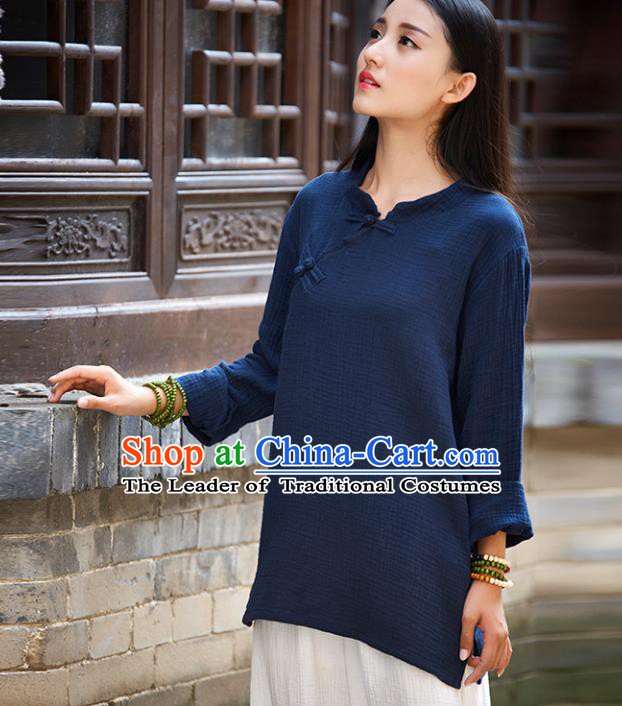 Traditional Chinese National Costume Hanfu Linen Navy Blouse, China Tang Suit Cheongsam Upper Outer Garment Shirt for Women