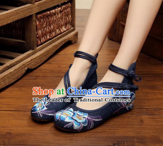 Traditional Chinese National Black Hanfu Embroidered Shoes, China Princess Shoes Embroidery Flowers Shoes for Women