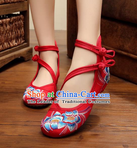 Traditional Chinese National Red Hanfu Embroidered Shoes, China Princess Shoes Embroidery Flowers Shoes for Women