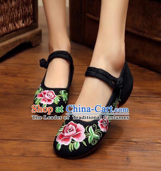 Traditional Chinese National Hanfu Shoes Black Embroidered Peony Shoes, China Princess Shoes Embroidery Shoes for Women