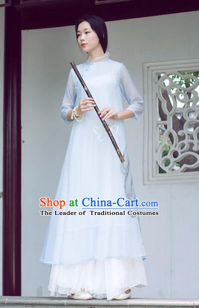 Traditional Chinese National Costume Hanfu Ink Painting Lotus Blue Qipao Dress, China Tang Suit Cheongsam for Women