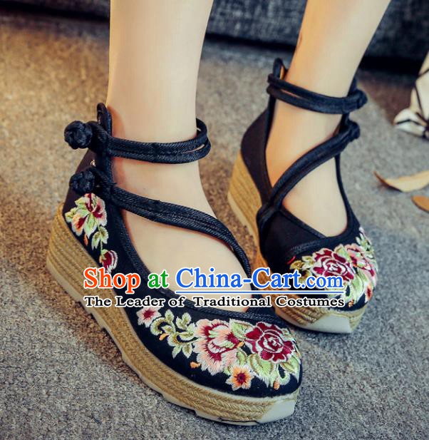 Traditional Chinese National Hanfu Black Linen Embroidered Shoes, China Princess Embroidery Peony Shoes for Women