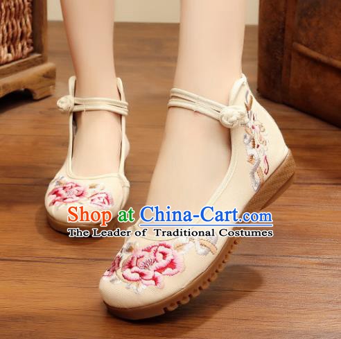 Traditional Chinese National Hanfu Linen Embroidered Shoes, China Princess Embroidery Peony White Shoes for Women