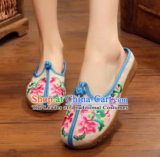 Traditional Chinese National Hanfu Embroidered Slippers, China Princess Embroidery Peony White Shoes for Women
